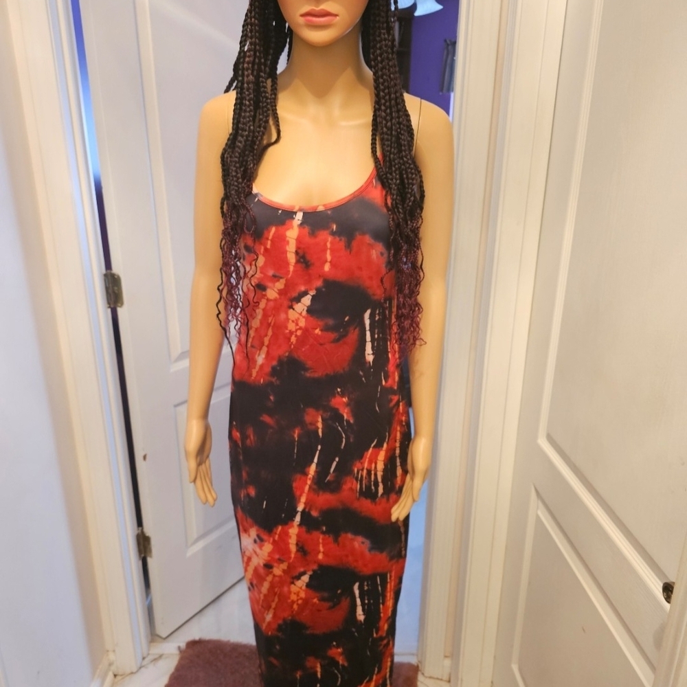Red Black Tie-Dye Slip Dress - Women's Sleeveless Maxi